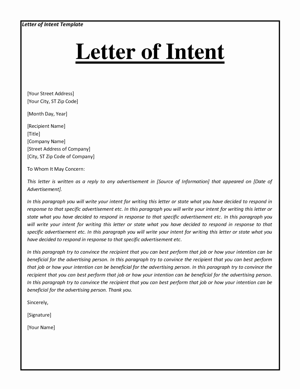 Sample Letter Of Intent for Business