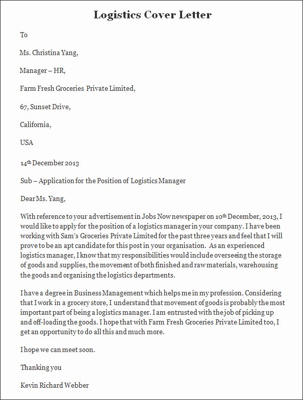 free cover letter template for logistics manager