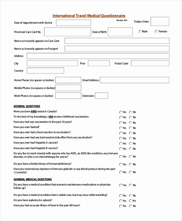 Sample Medical Questionnaire form 9 Free Documents In