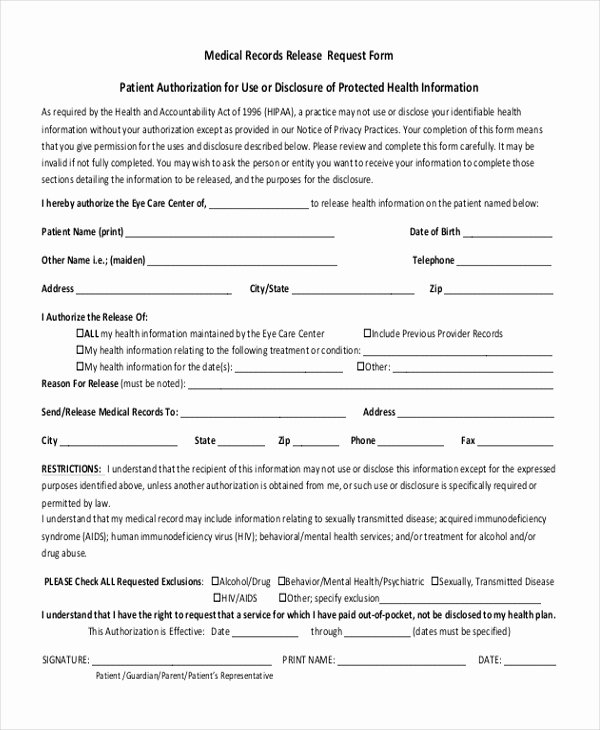 Sample Medical Records Release form 10 Free Documents