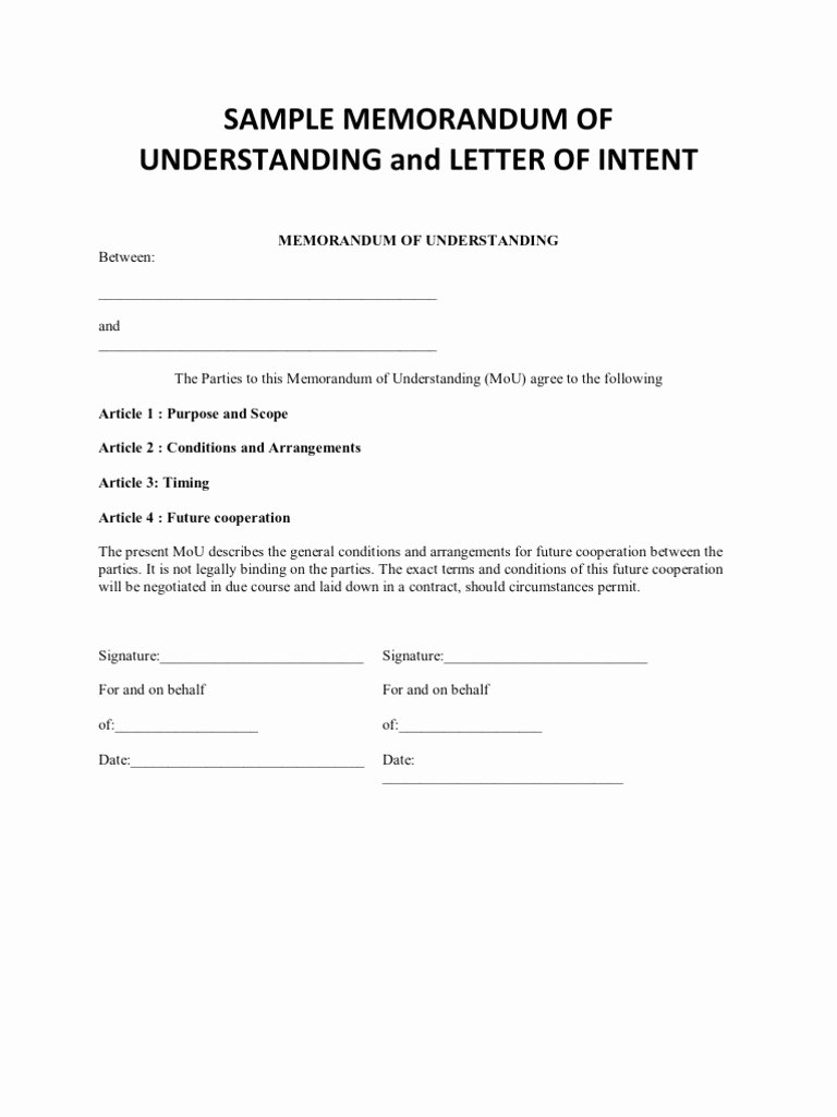 Sample Memorandum Of Understanding and Letter Of Intent