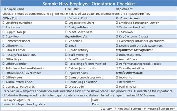 Sample New Employee orientation Checklist