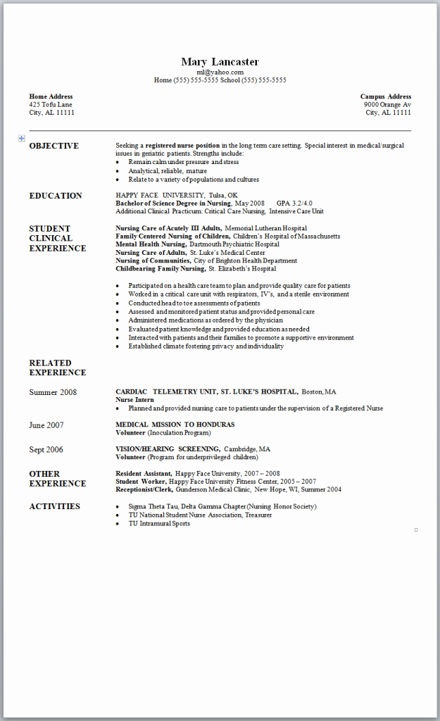 Sample Nursing Resume New Graduate Nurse
