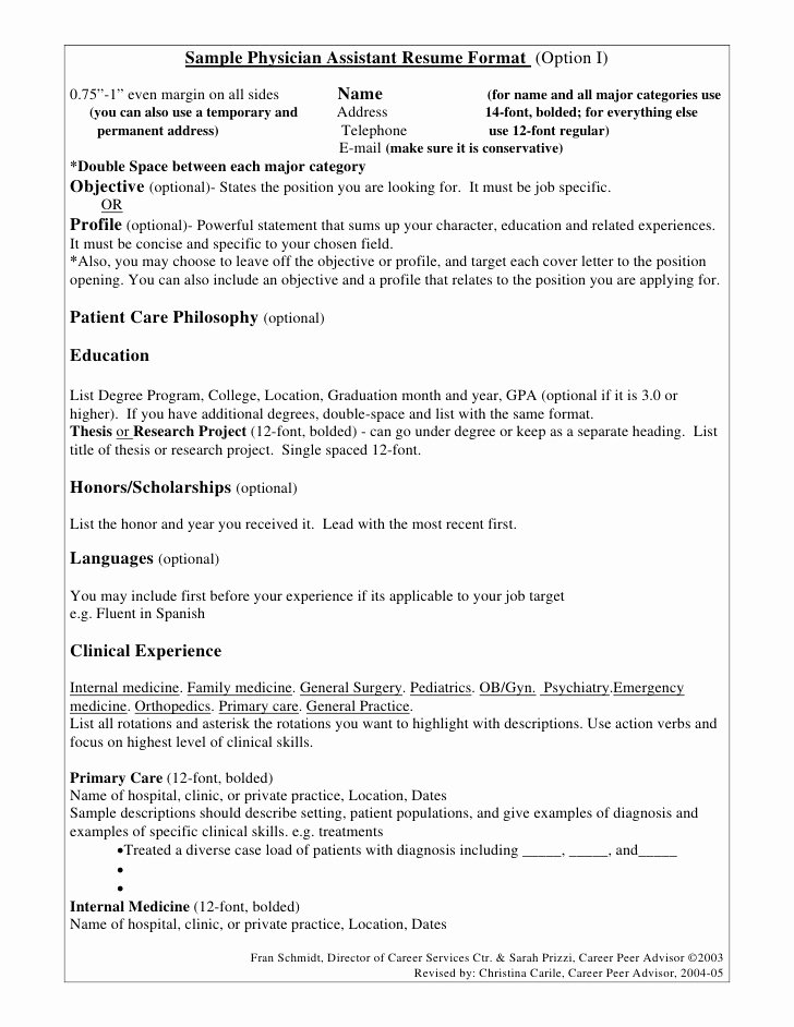 Sample Physician assistant Resume format Option I