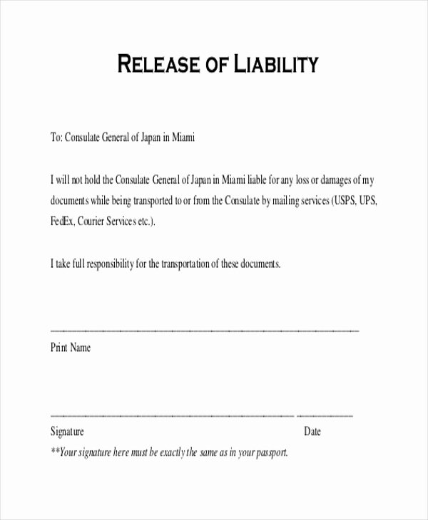 Sample Release Of Liability form 11 Free Documents In
