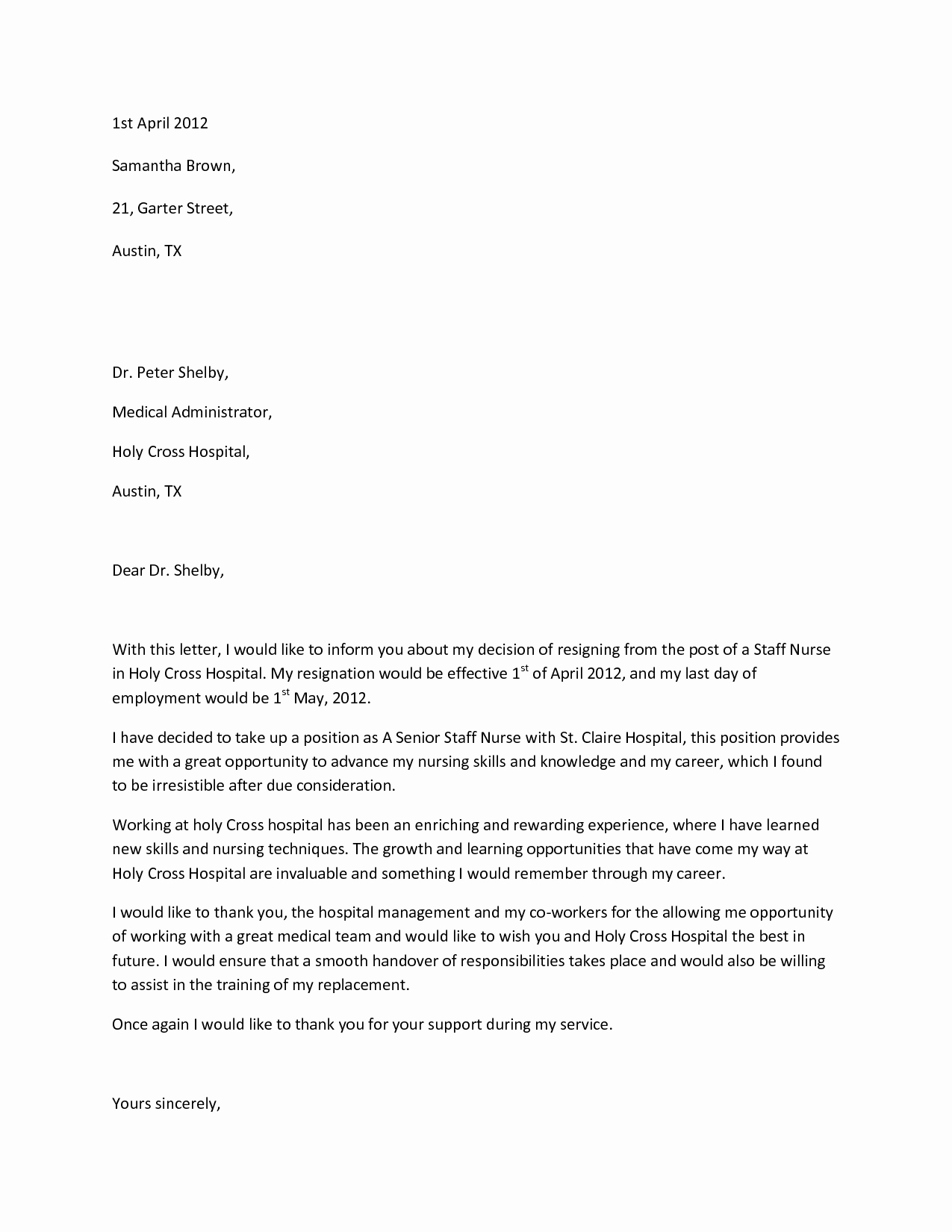 Sample Resignation Letter Nurse