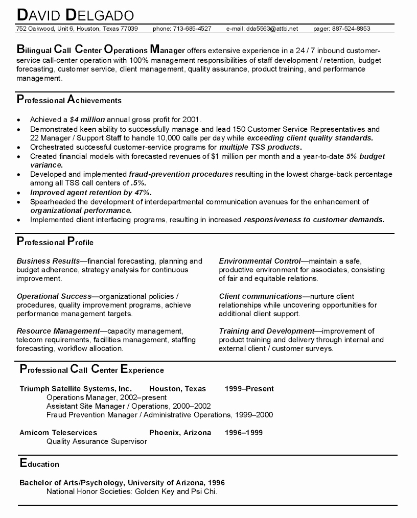 Sample Resume An Operations Manager