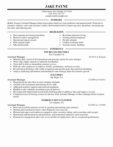 Sample Resume assistant Manager Retail