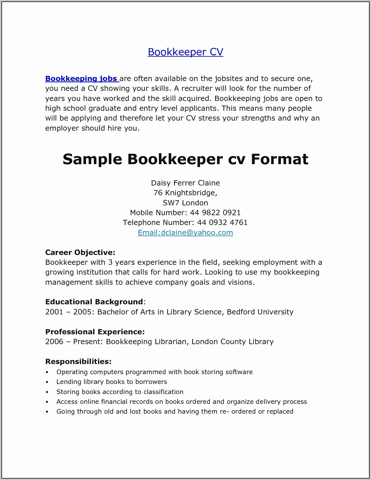 sample resume cover letter for bookkeeper 4597