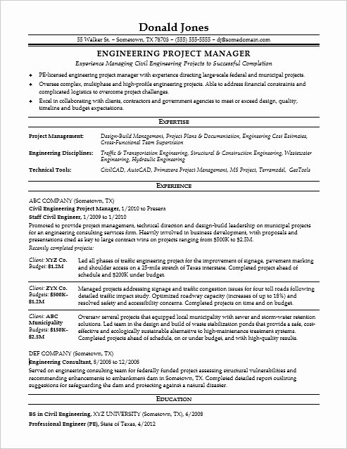 Sample Resume for A Midlevel Engineering Project Manager