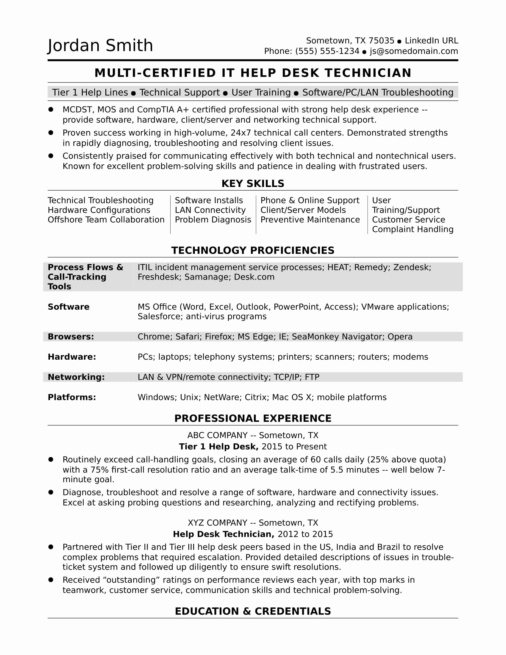 Sample Resume for A Midlevel It Help Desk Professional