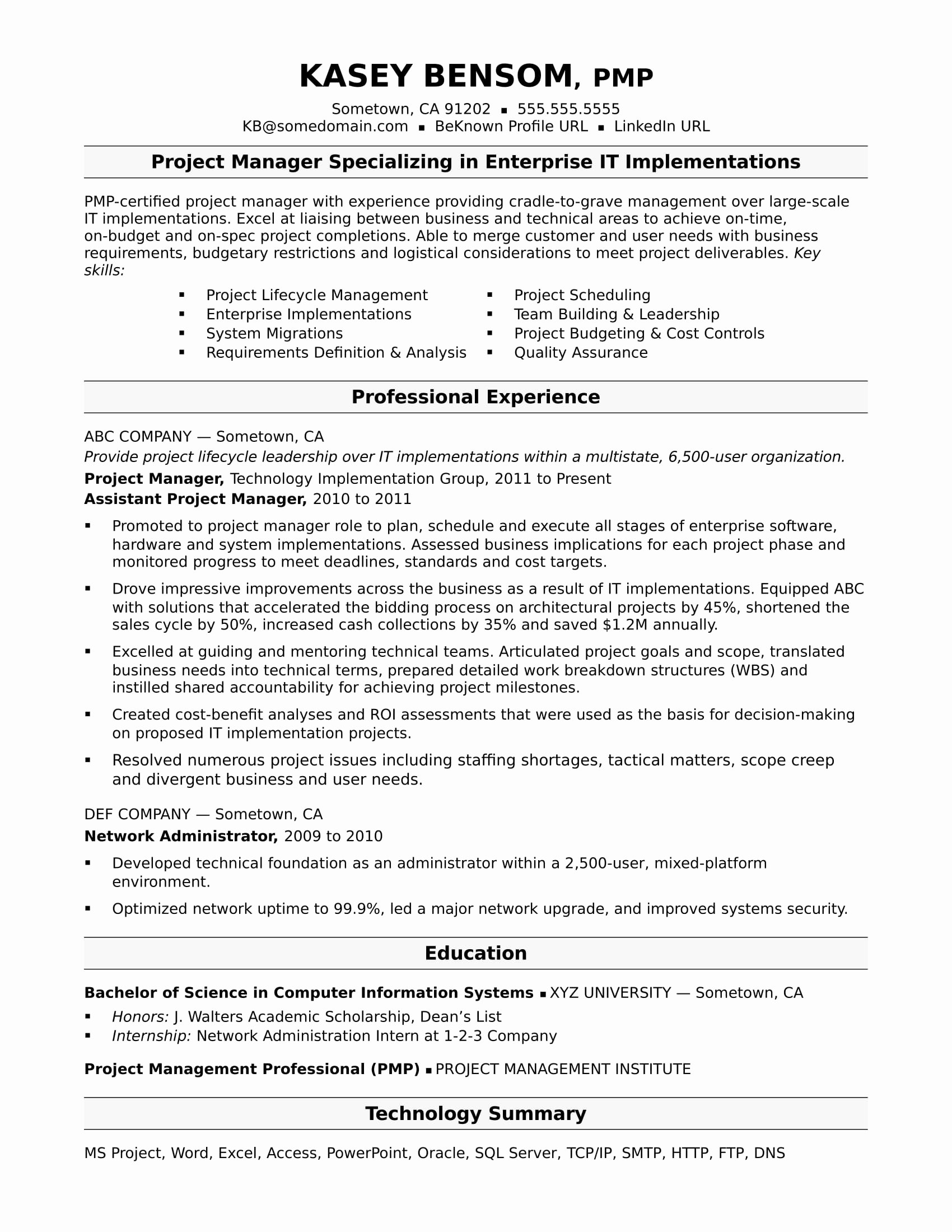 Sample Resume for A Midlevel It Project Manager
