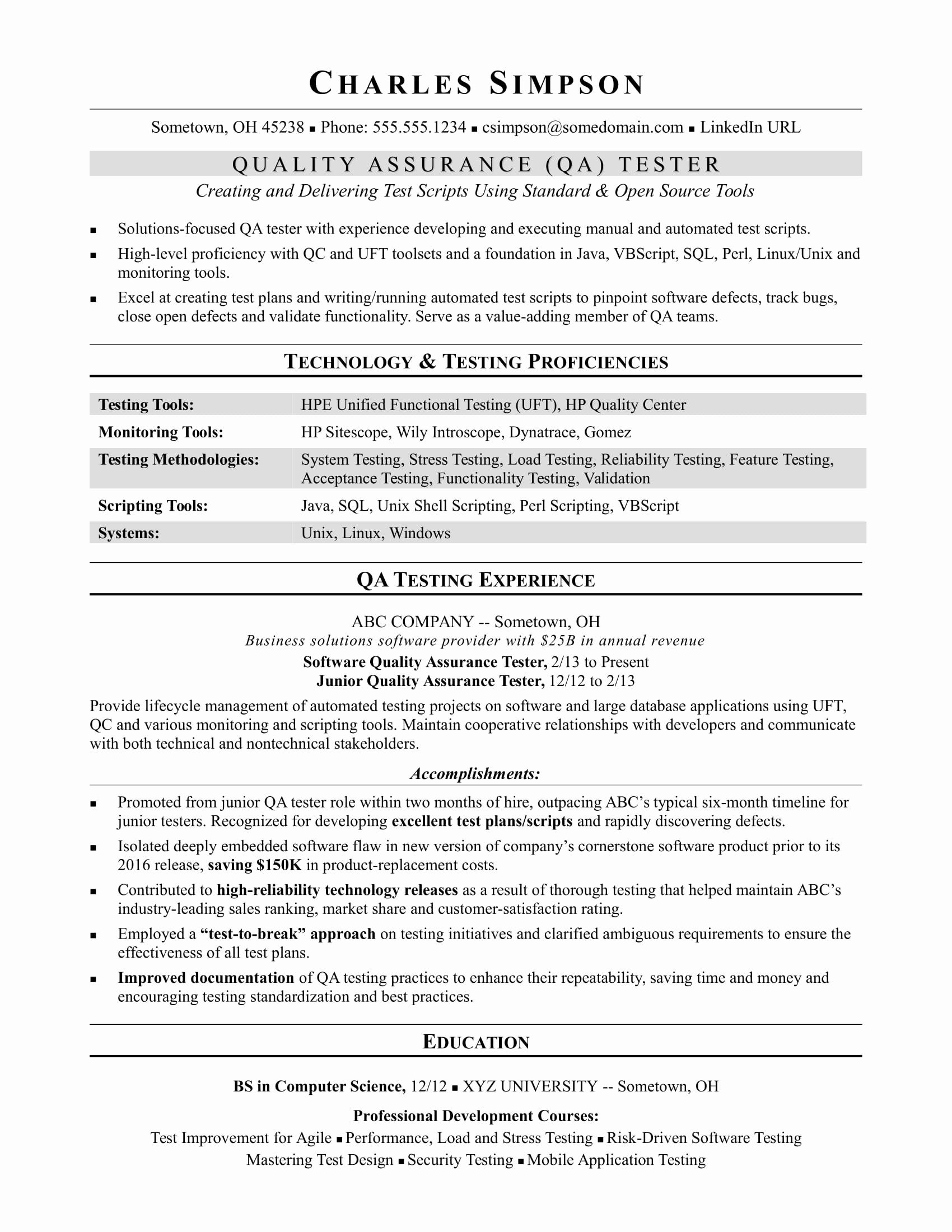 Sample Resume for A Midlevel Qa software Tester