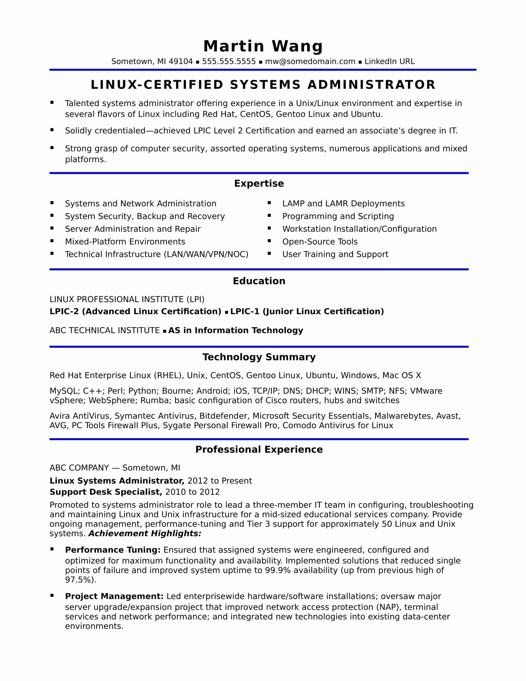 Sample Resume for A Midlevel Systems Administrator