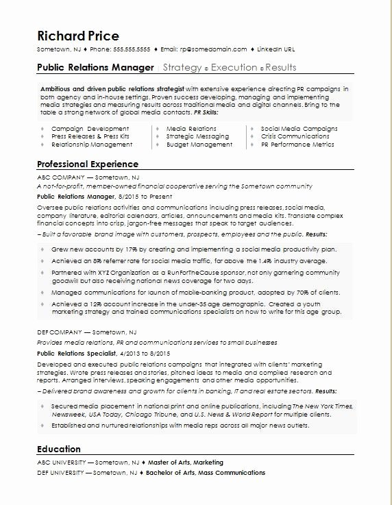 Sample Resume for A Public Relations Manager