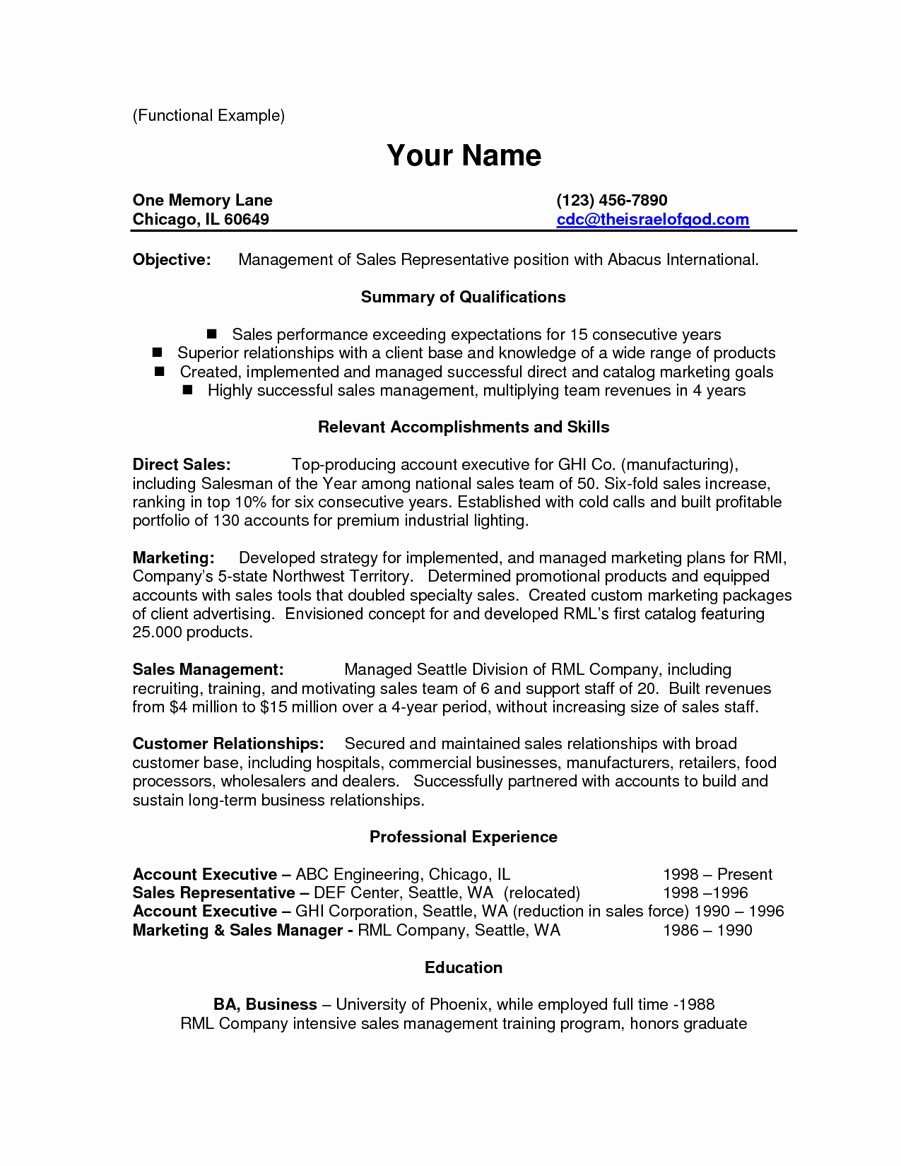 sample resume for account executive position