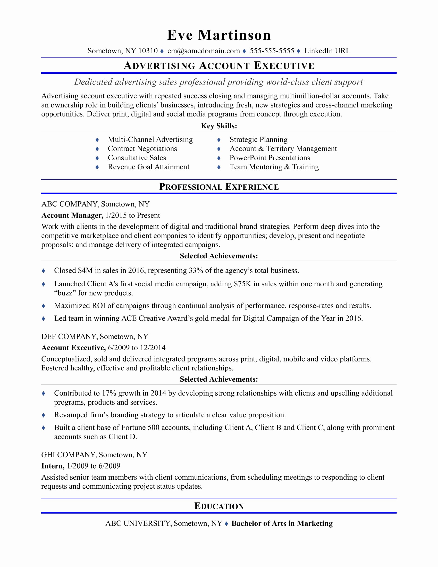 Sample Resume for An Advertising Account Executive