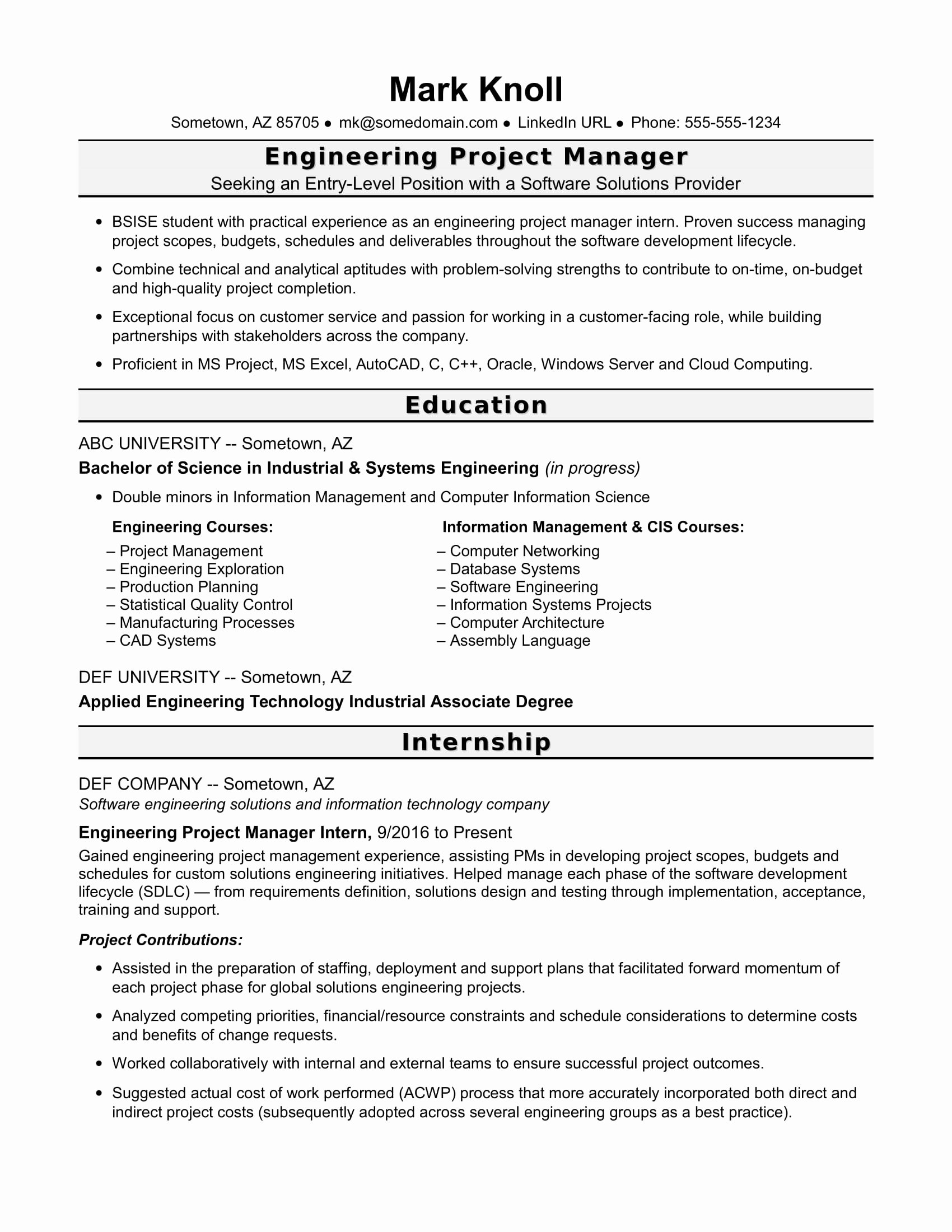 Sample Resume for An Entry Level Engineering Project