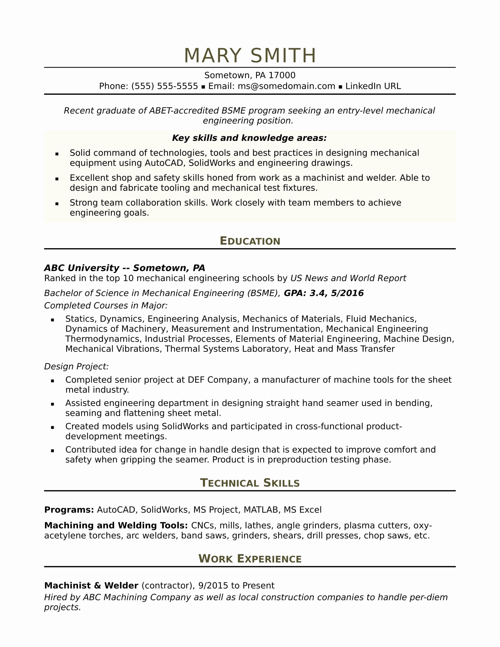 Sample Resume for An Entry Level Mechanical Engineer