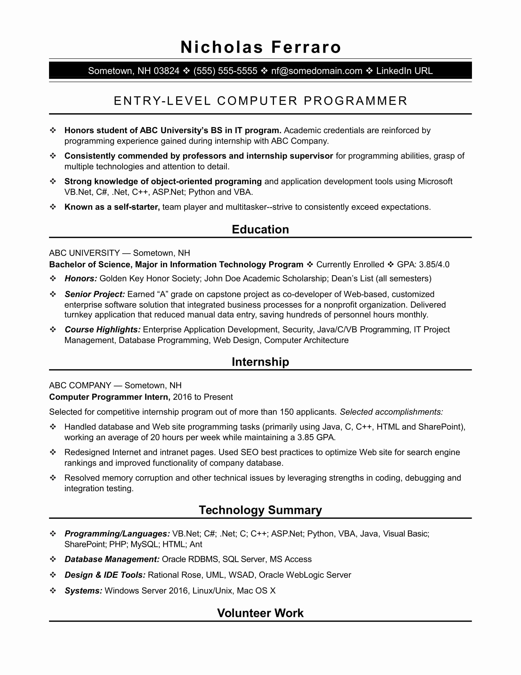 Sample Resume for An Entry Level Puter Programmer