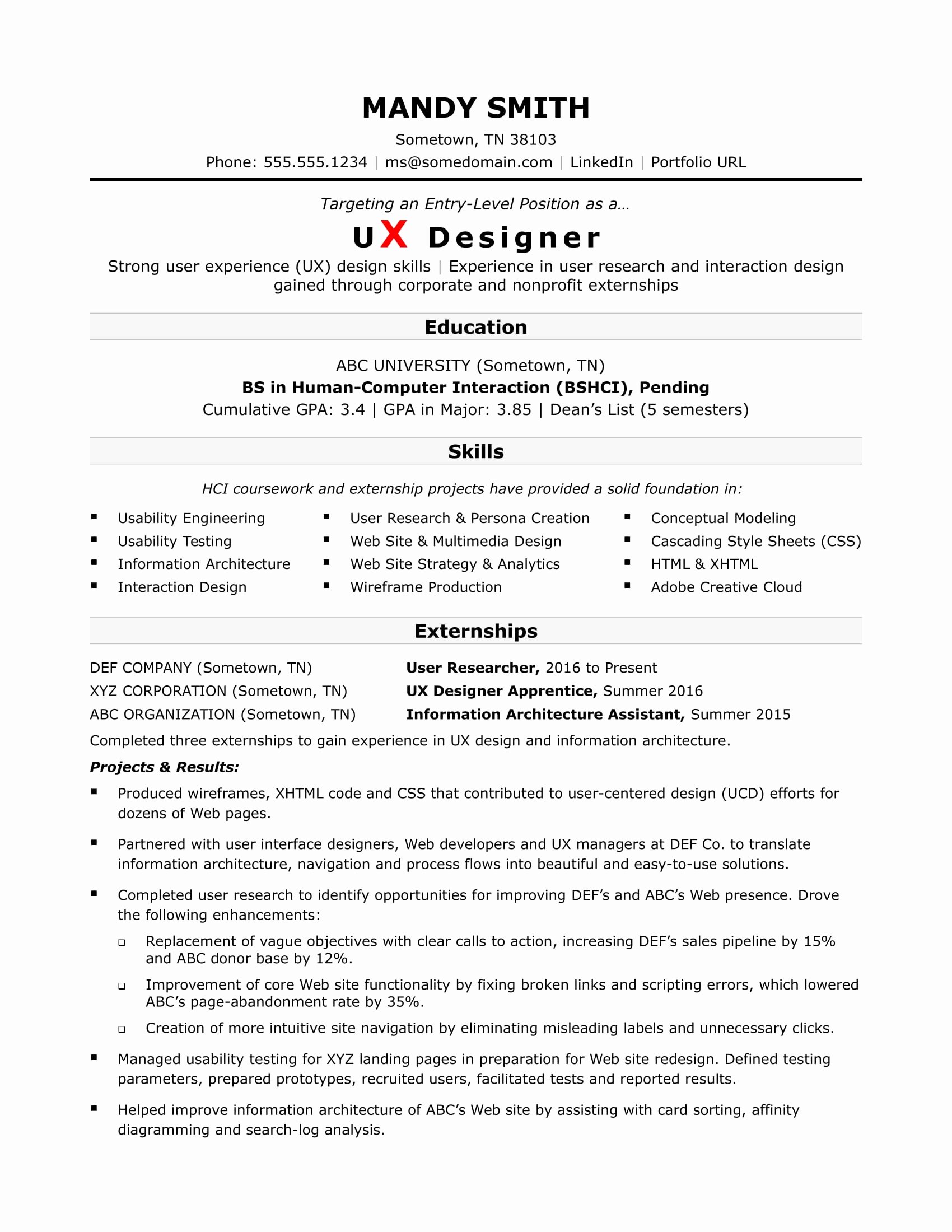 Sample Resume for An Entry Level Ux Designer