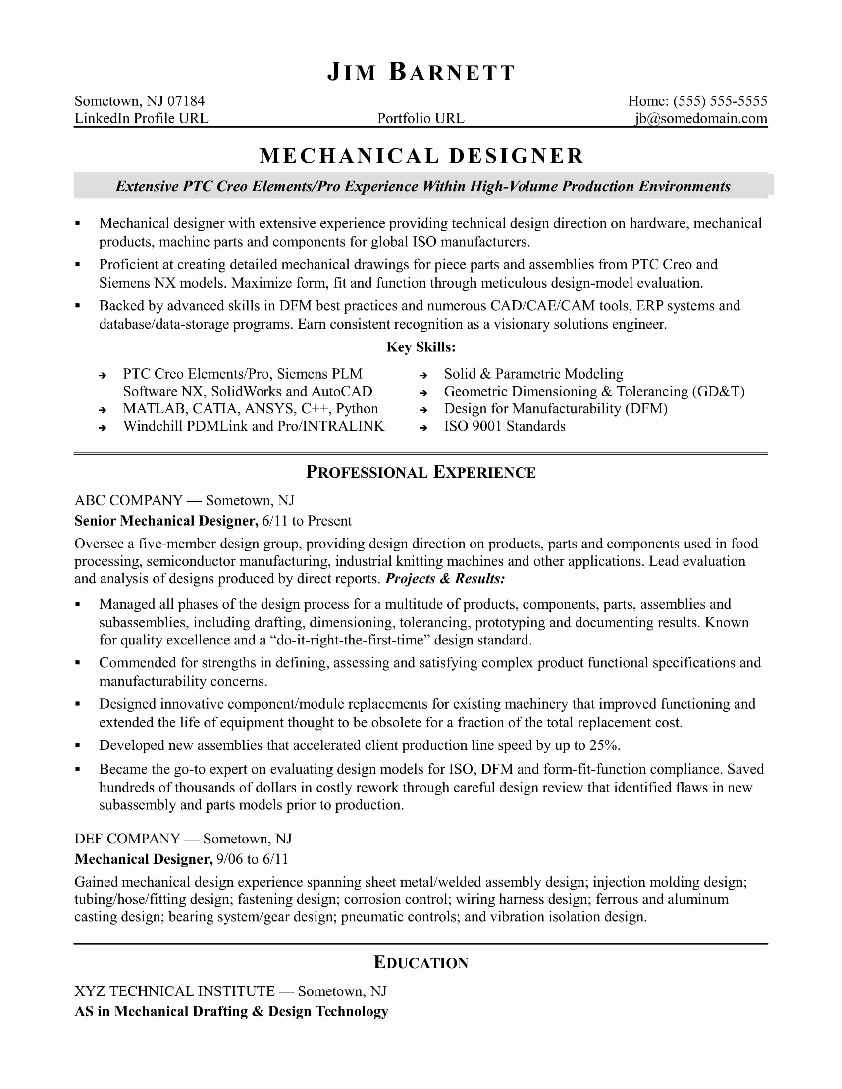 Sample Resume for An Experienced Mechanical Designer