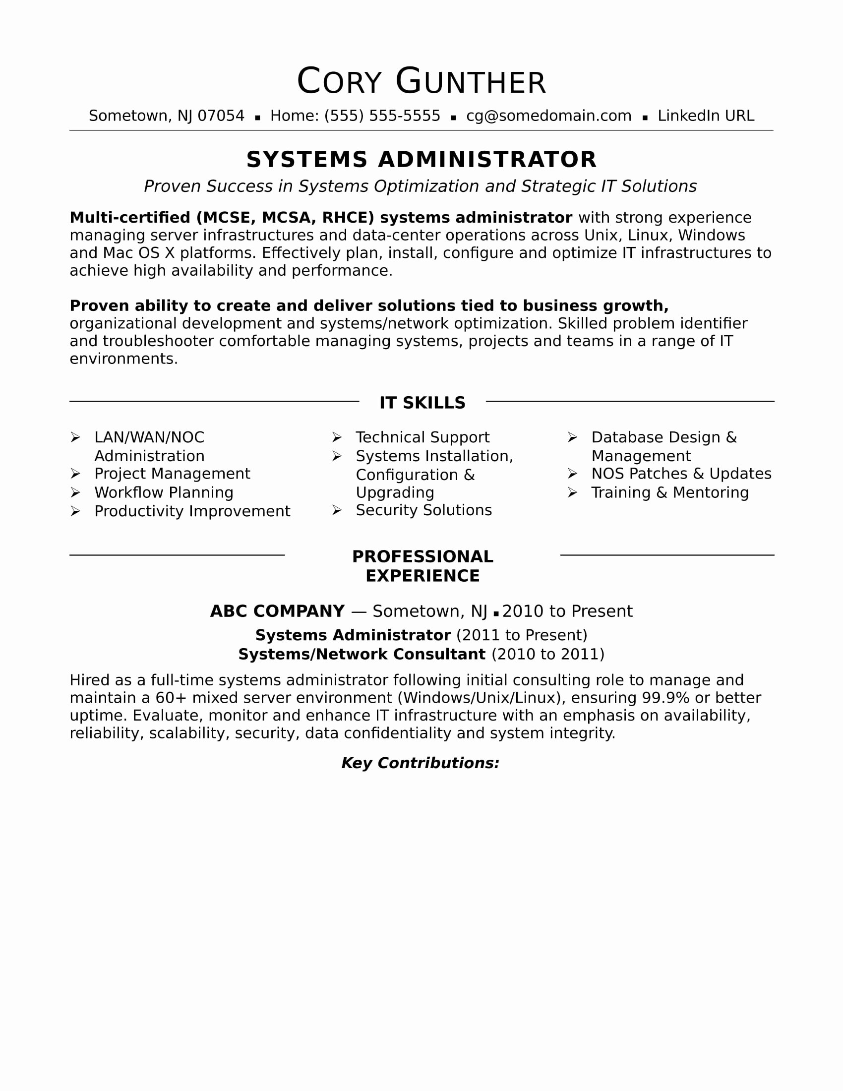 Sample Resume for An Experienced Systems Administrator