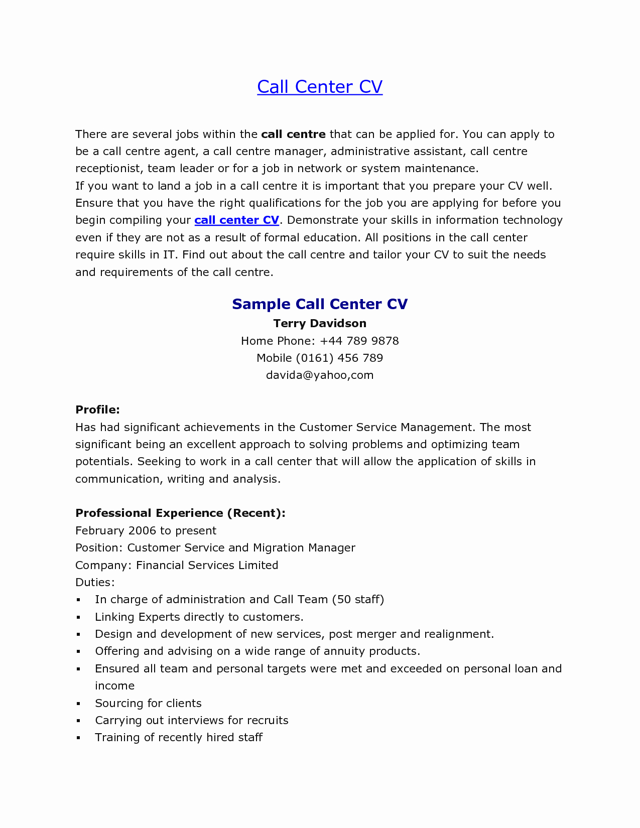Sample Resume for Call Center Jobs Bongdaao