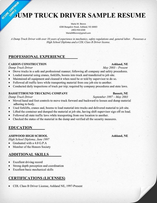 Sample Resume for Cdl Truck Drivers