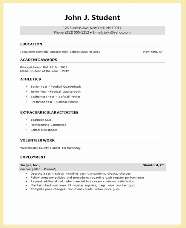 sample resume for college application