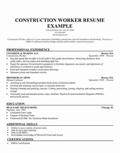 Sample Resume for Construction Worker