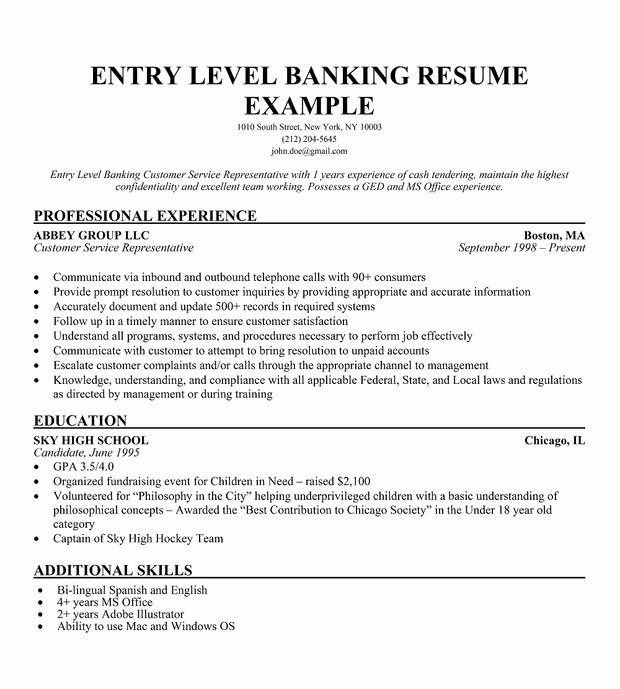 Sample Resume for Entry Level Bank Teller