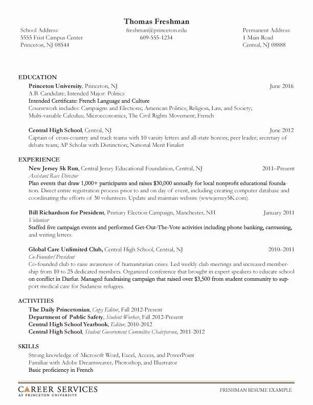 Sample Resume for First Year College Student Best Resume