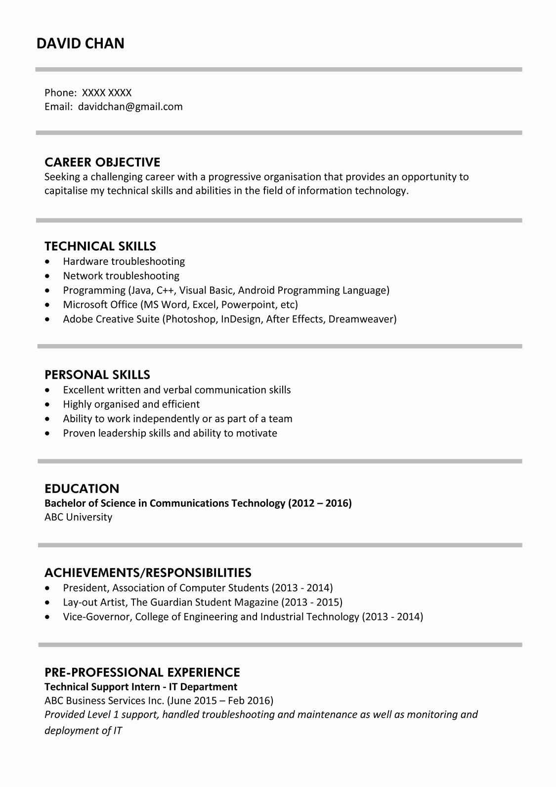 Sample Resume for Fresh Graduates It Professional