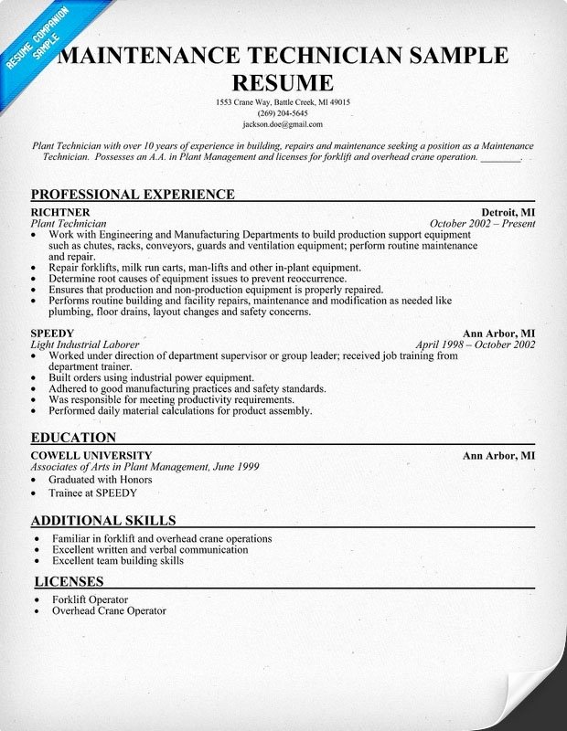 Sample Resume for Maintenance Worker