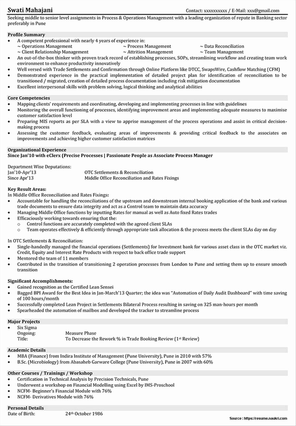 Sample Resume for Mba Operations Freshers Resume