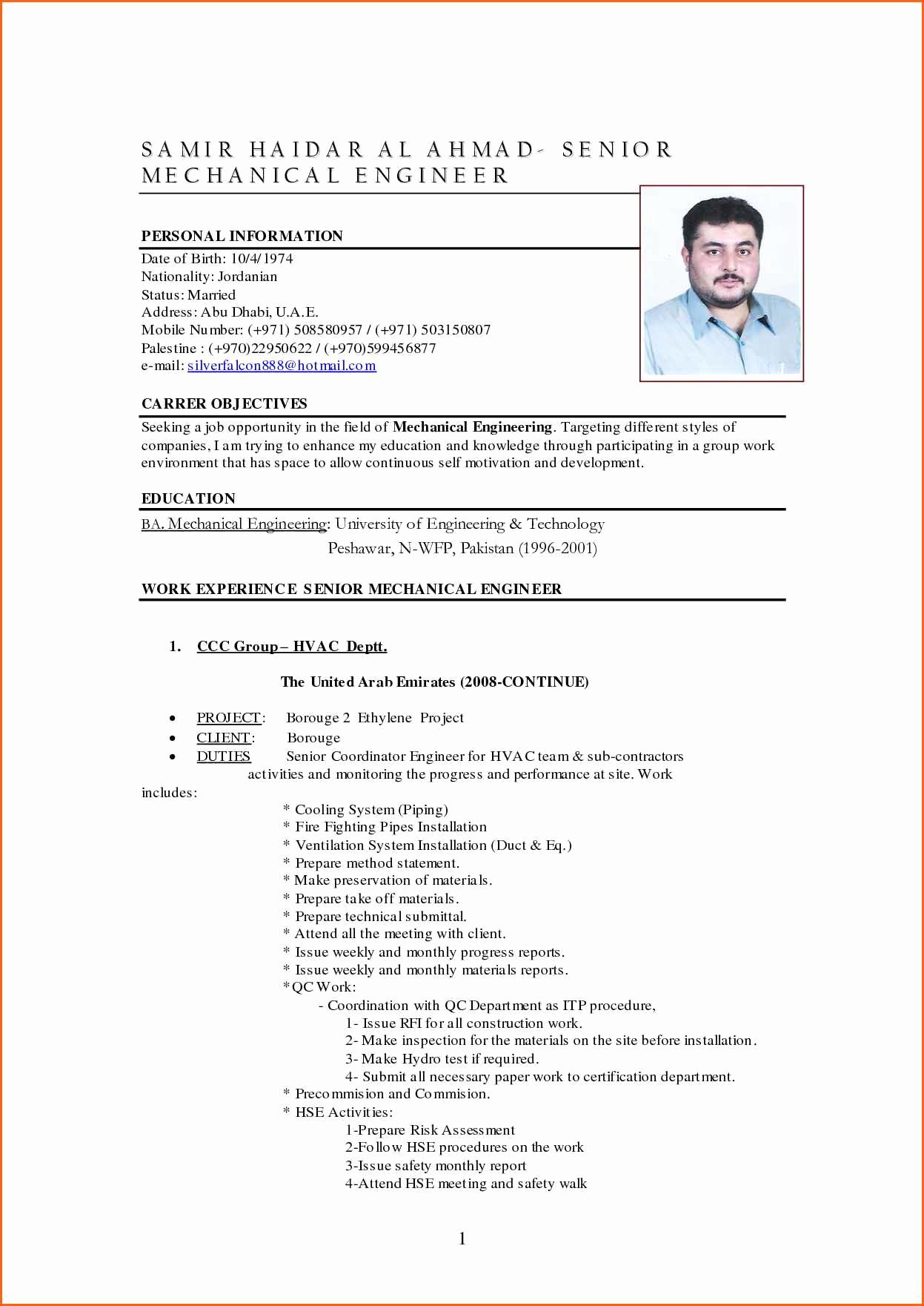 Sample Resume for Mechanical Engineer Experienced Pdf