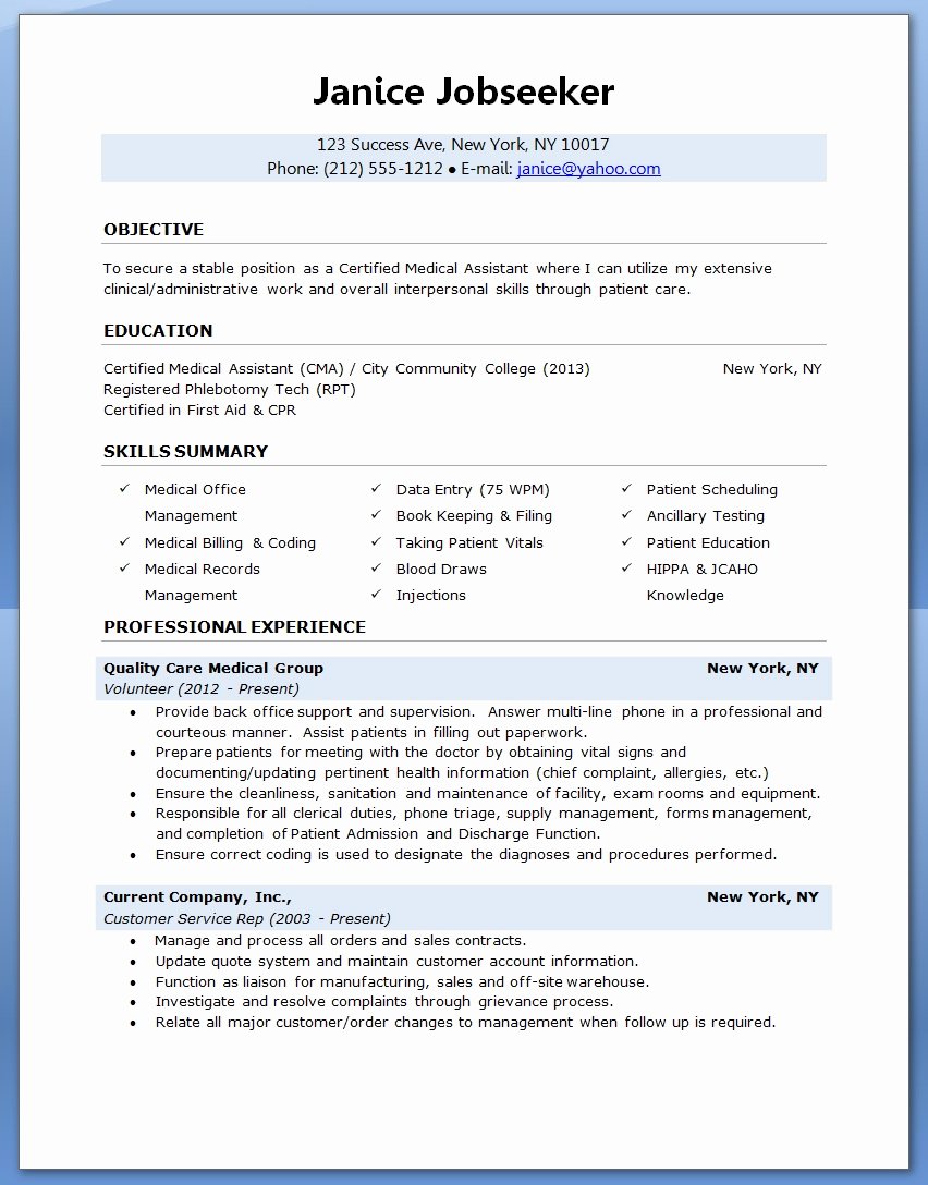 Sample Resume for Medical assistant 2017