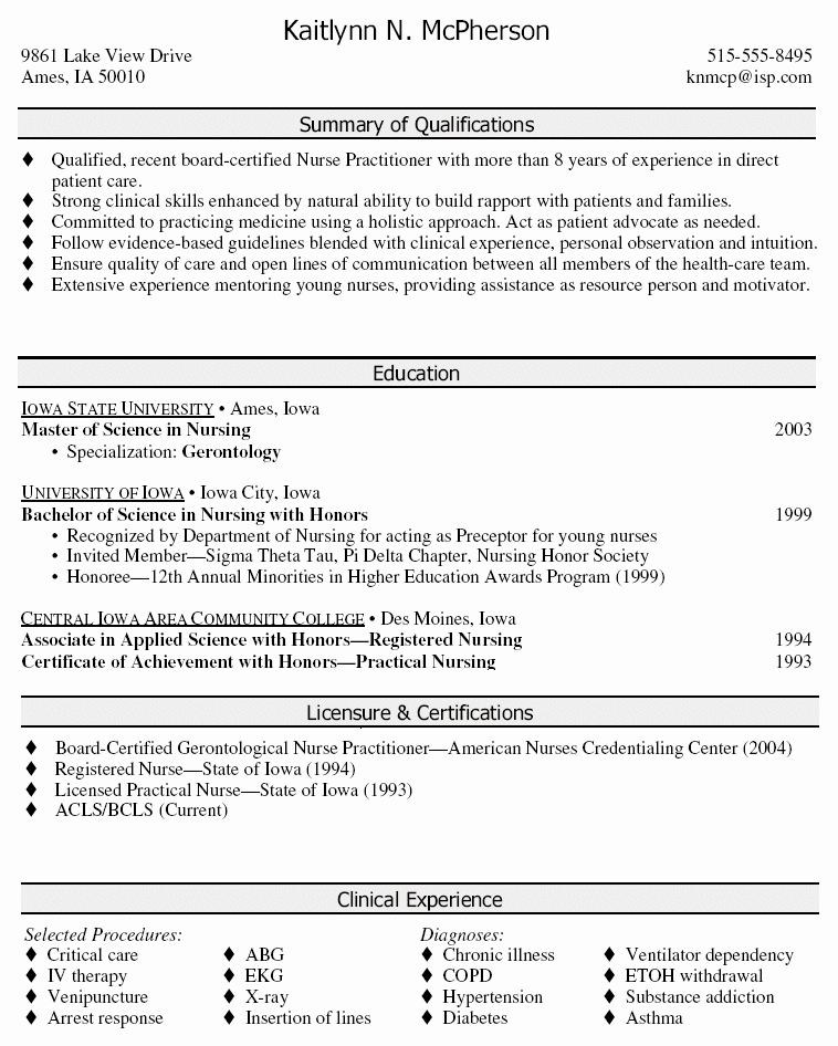 Sample Resume for Nurse Practitioner Student