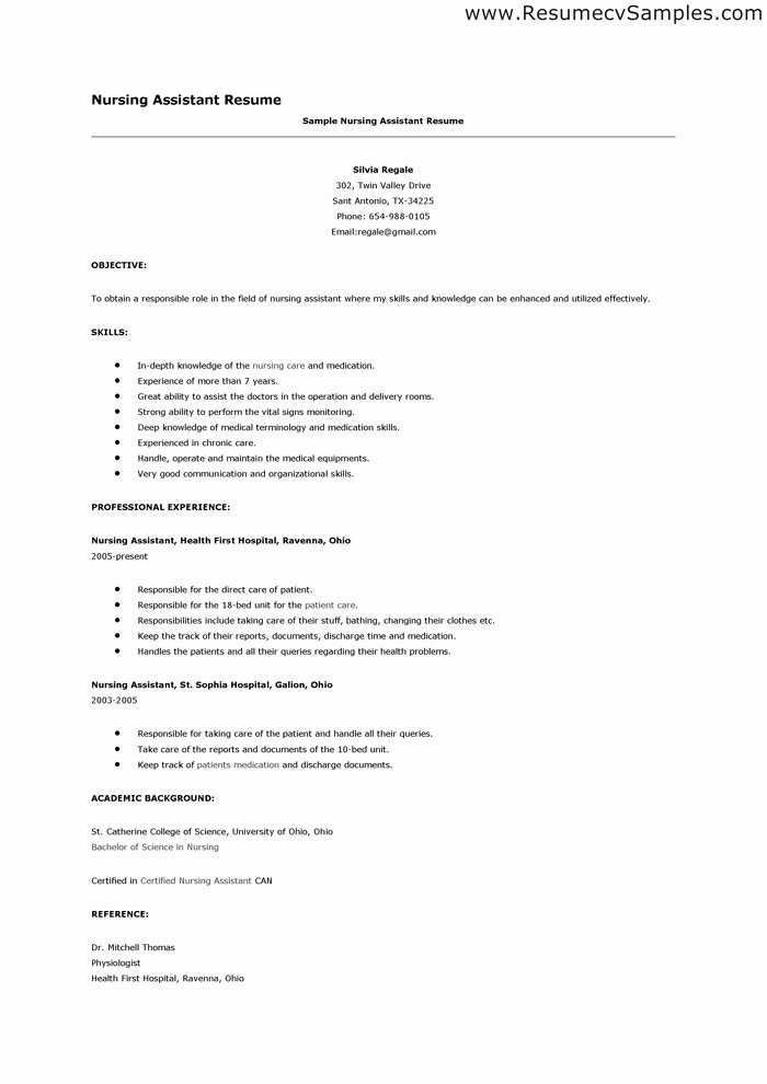 sample resume for nursing assistant