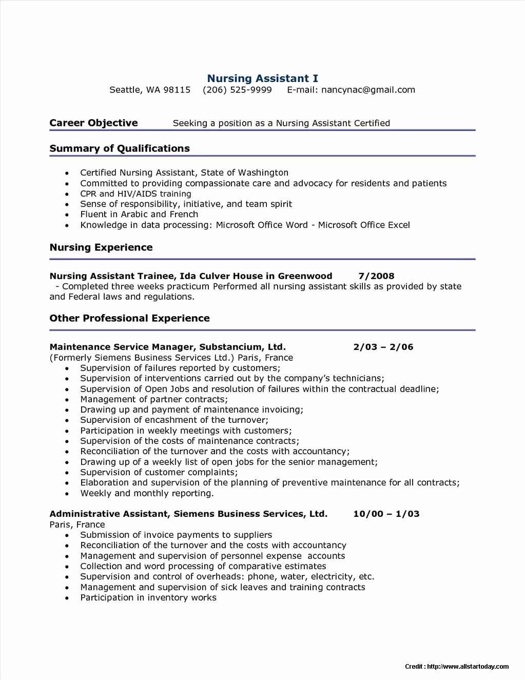 Sample Resume for Nursing assistant Student Resume