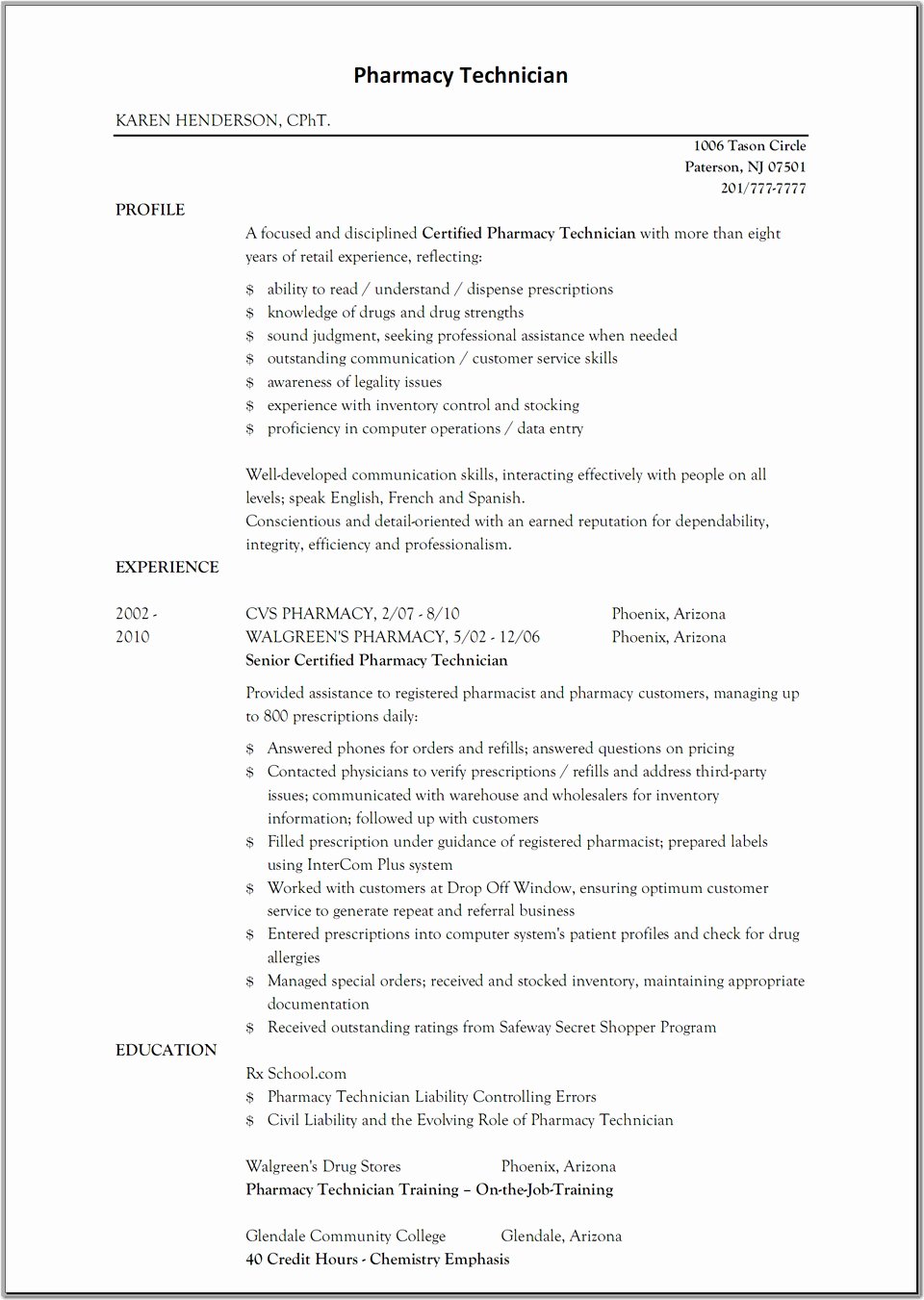 Sample Resume for Pharmacy Technician