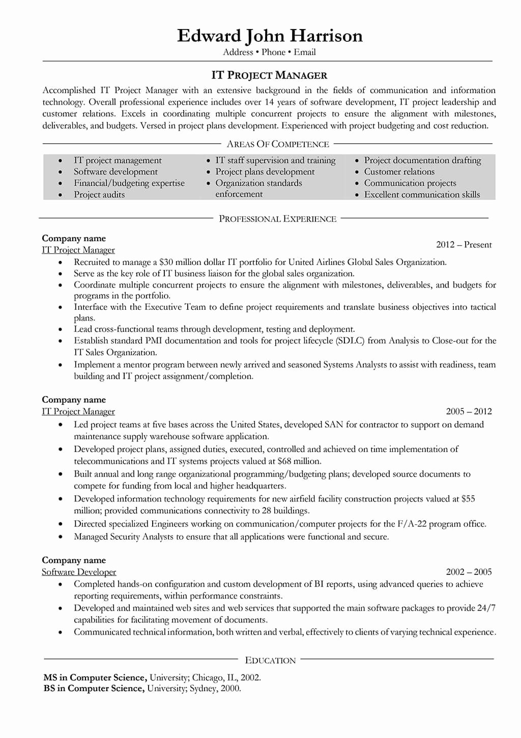 Sample Resume for Project Manager It software India