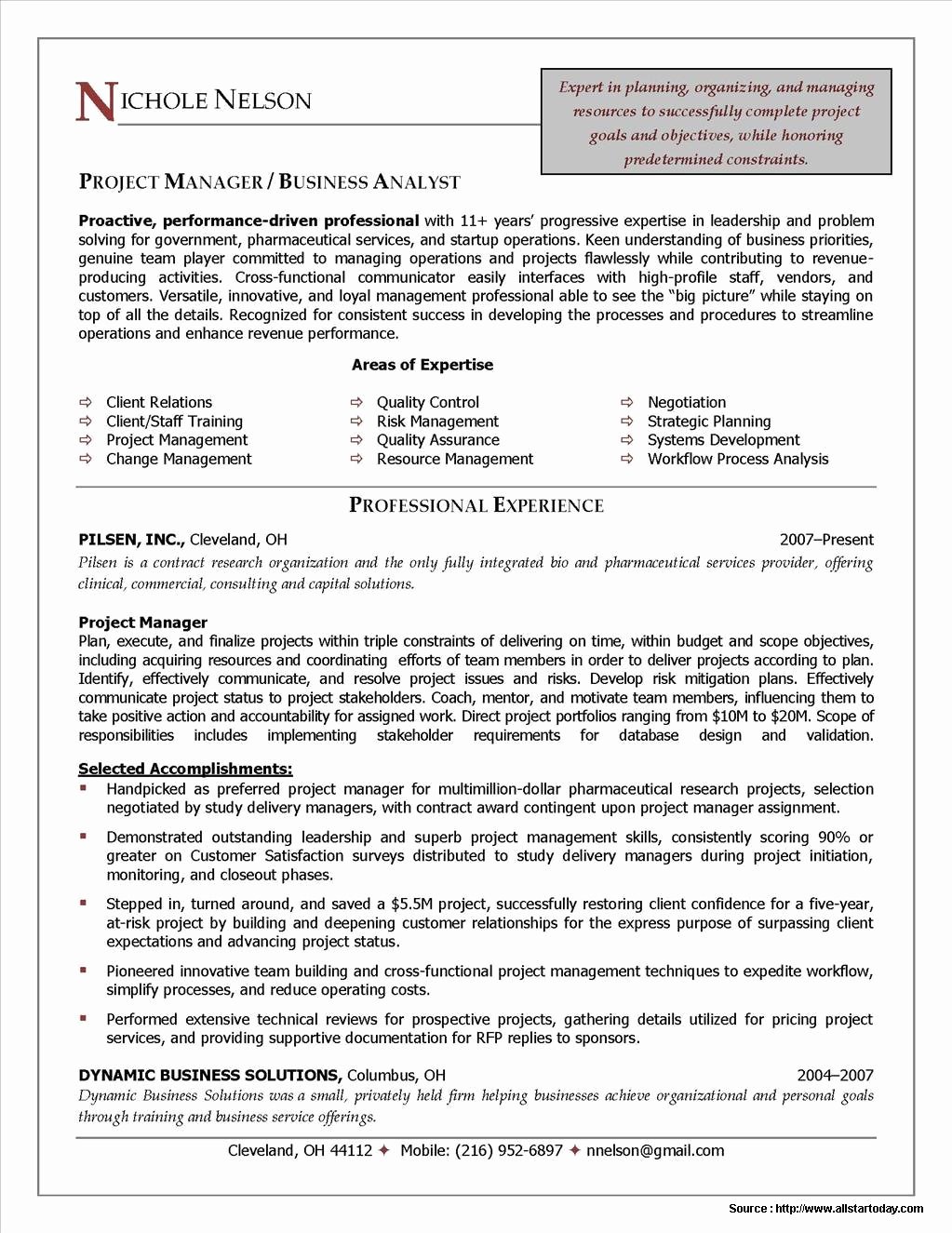 Sample Resume for Project Manager Position Resume
