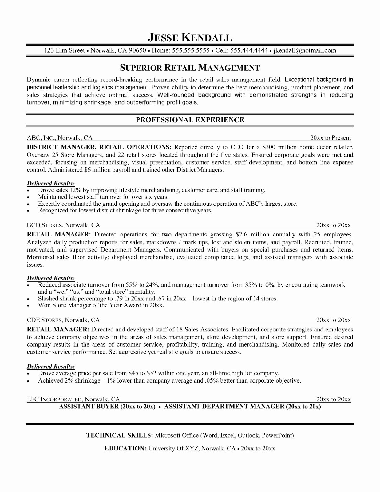 Sample Resume For Retail Manager Position