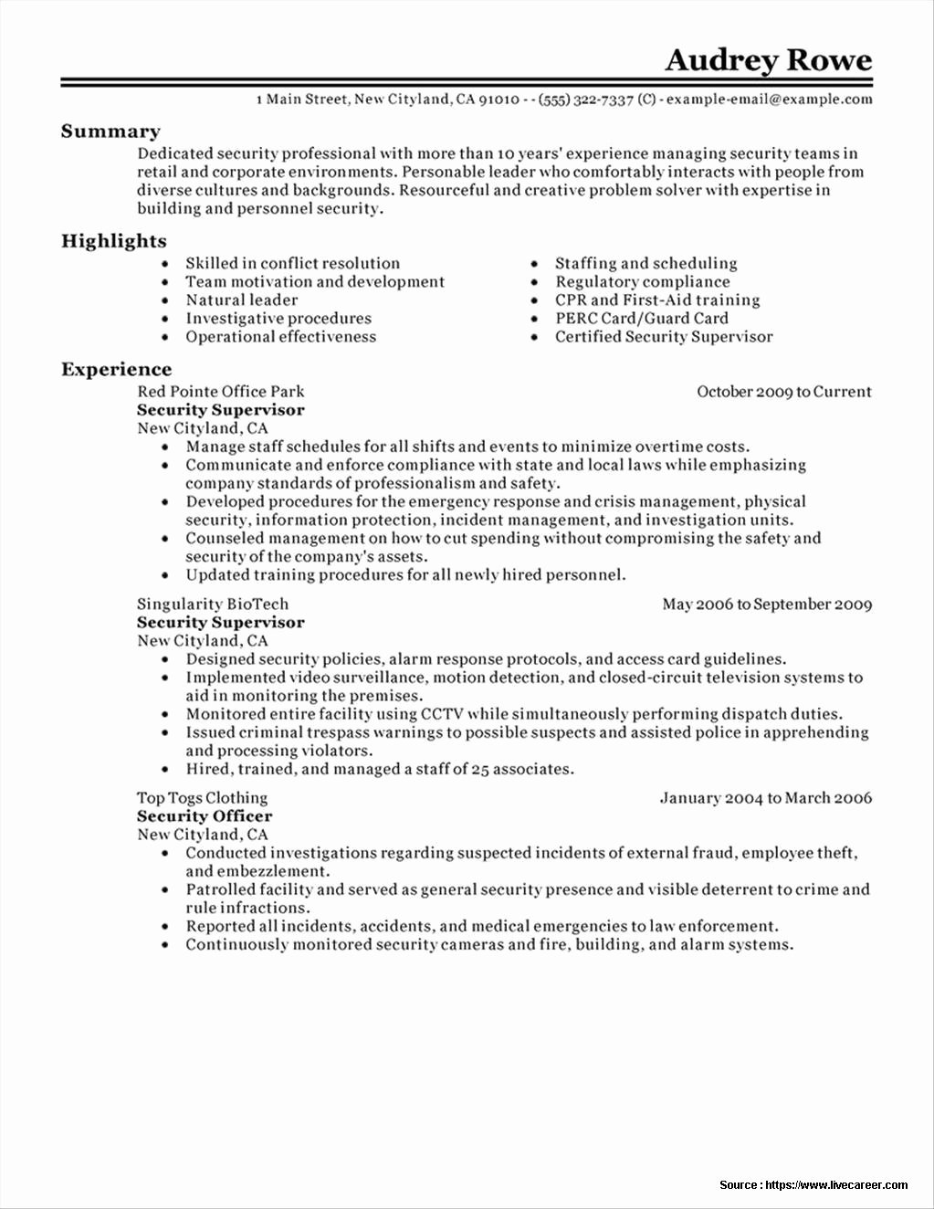 Sample Resume for Security Guard Supervisor Resume