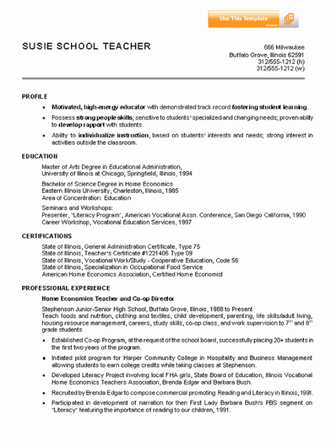 Sample Resume for Teaching Position
