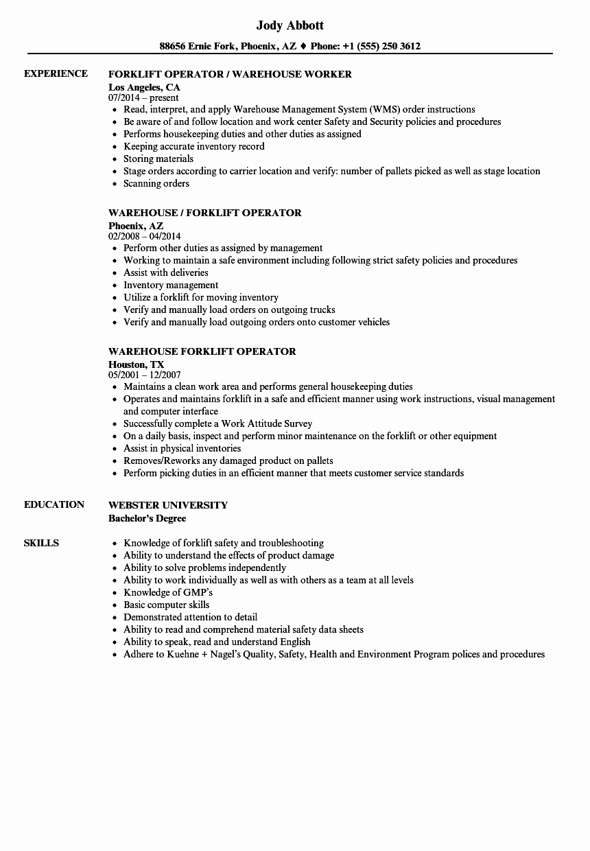 Sample Resume for Warehouse forklift Operator forklift