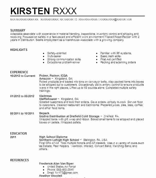 Sample Resume for Warehouse Picker Packer