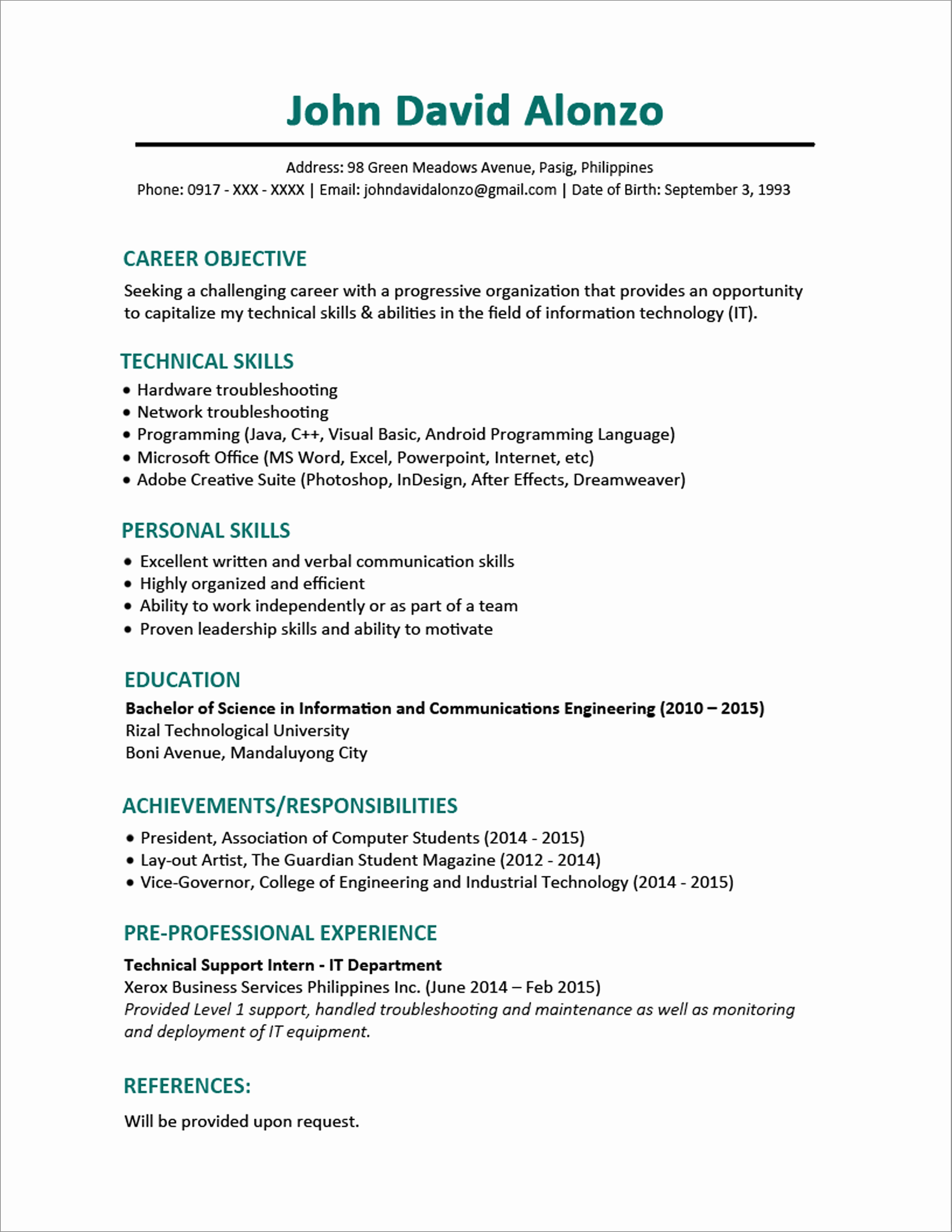 Sample Resume format for Fresh Graduates E Page format